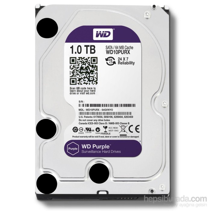 1TB 3.5 WD 5400RPM 64MB PURPLE WD10PURZ 7/24 GUVENLIK (3 YIL RESMI DIST GARANTILI)