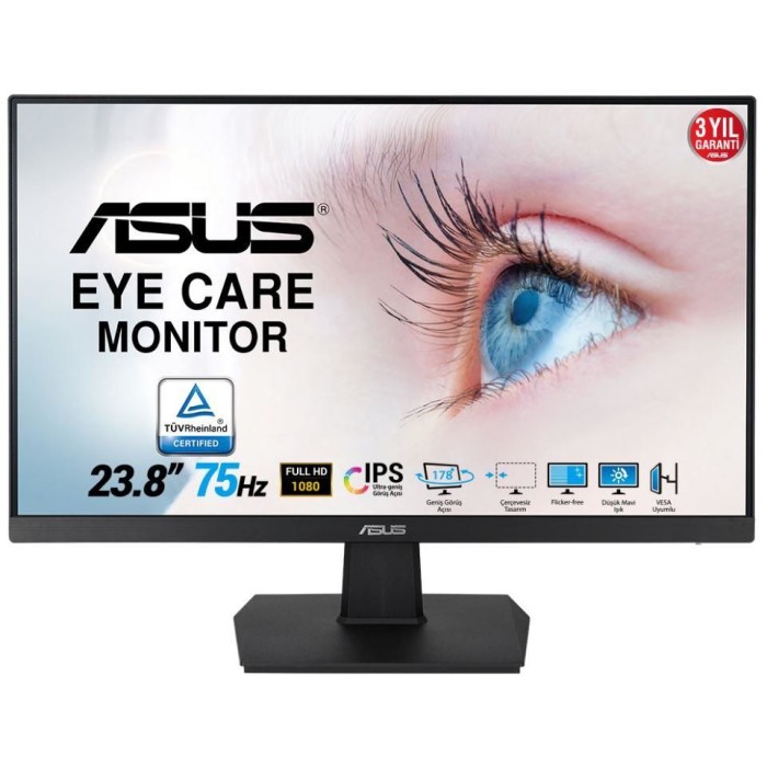 23.8 ASUS VA24EHE IPS 5MS 75MHZ 1XVGA 1XHDMI 1XDVI FHD 1920X1080 EYE CARE FLICKER-FREE DÜŞÜK MAVİ IŞIK ÇERÇEVESİZ VESA 23.8 ASUS VA24EHE IPS 5MS 75MHZ 1XVGA 1XHDMI 1XDVI FHD 1920X1080 EYE CARE FLICKER-FREE DÜŞÜK MAVİ IŞIK ÇERÇEVESİZ VESA