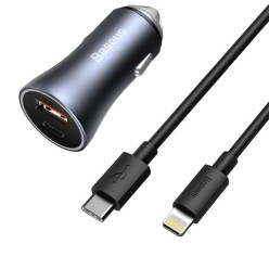 BASEUS GOLDEN CONNECTOR PRO U+C TZCCJD-B0G 40W ARAÇ SARJI (TYPE-C TO LIGHTNING KABLO SETLI)-KOYU GRI